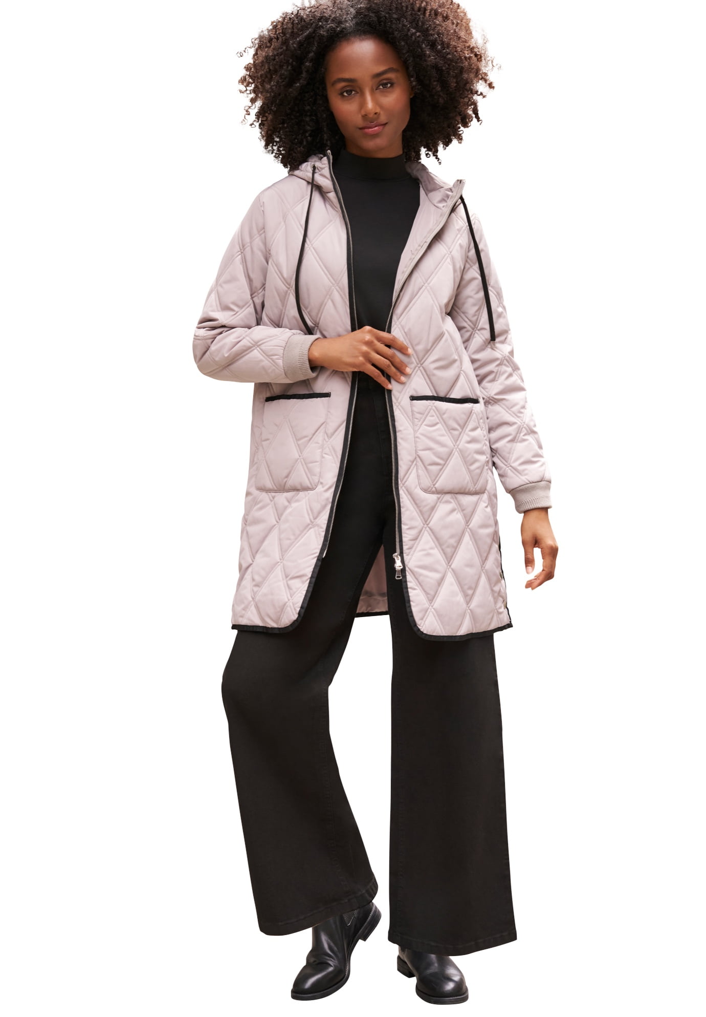 ellos Women's Plus Size Long Quilted Hooded Jacket - 14/16, Taupe Grey