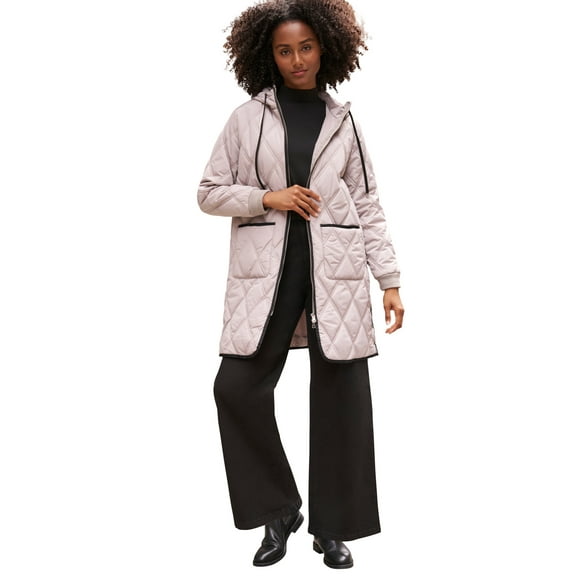 ellos Women's Plus Size Long Quilted Hooded Jacket - 26/28, Taupe Grey