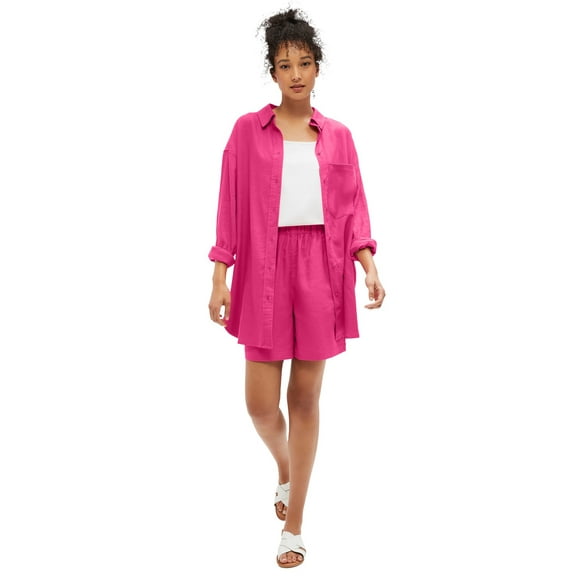 ellos Women's Plus Size Oversized Button-Front Linen Blend Shirt - 34/36, Raspberry Sorbet