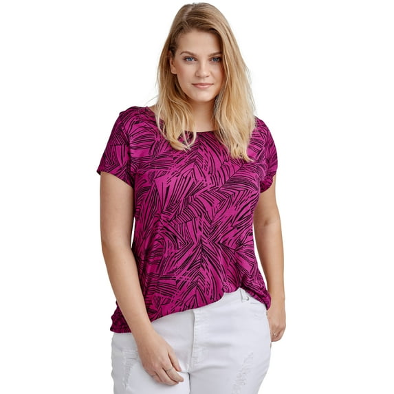 ellos Women's Plus Size Printed Cap Sleeve Tee - 5X, Ruby Berry Fern Print