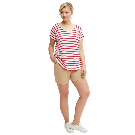 ellos Women's Plus Size Rounded V-Neck Tee - 1X, Chili Red White Stripe