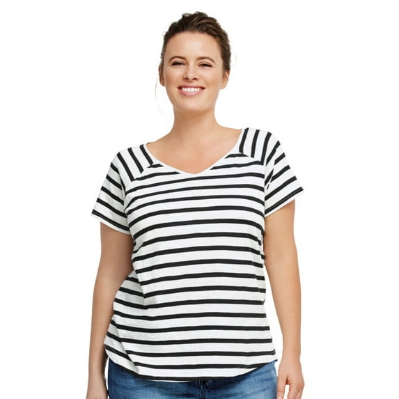 ellos Women's Plus Size Rounded V-Neck Tee - 3X, Black White Stripe