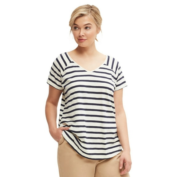 ellos Women's Plus Size Rounded V-Neck Tee - S, Ivory Navy Stripe