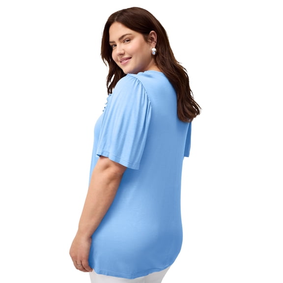 Ellos Plus Size Stretch Knit V-Neck Ruffle Front Tunic