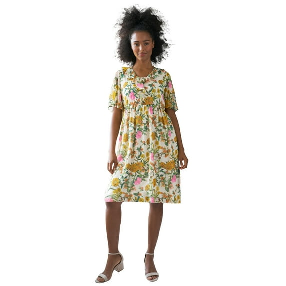 ellos Women's Plus Size Ruffled V-Neck Empire Dress - 24, Soft Butter Floral