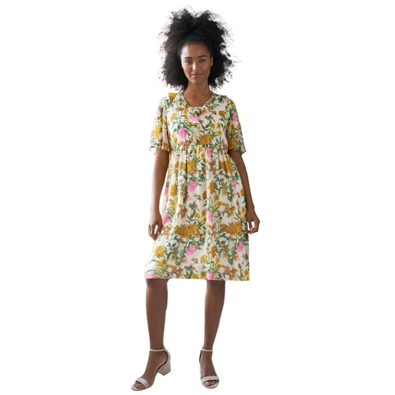 ellos Women's Plus Size Ruffled V-Neck Empire Dress - 30, Soft Butter Floral