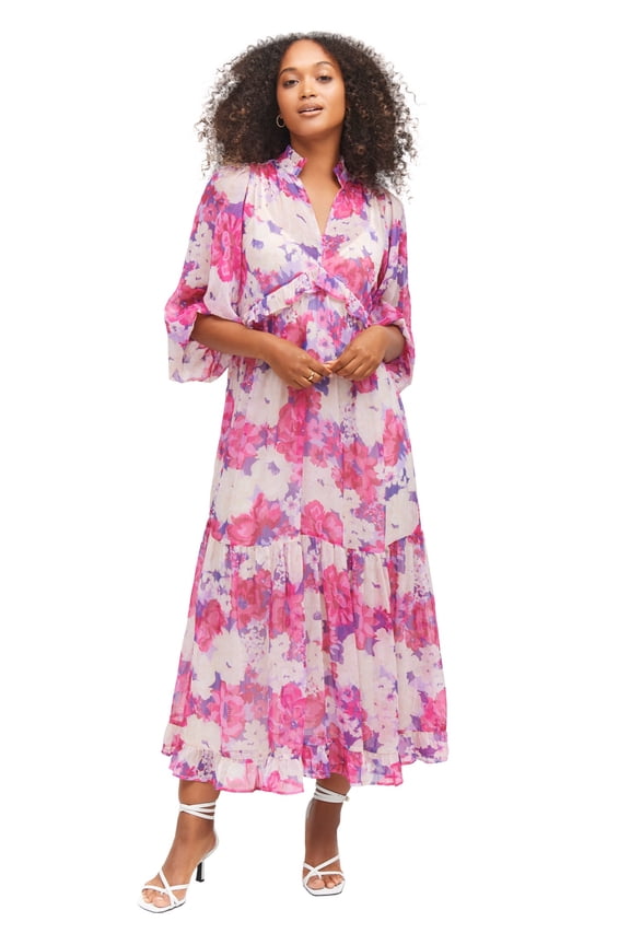 Women's Plus Size Sheer Maxi Dress With Ruffled Trim - 34/36, Raspberry Sorbet Floral