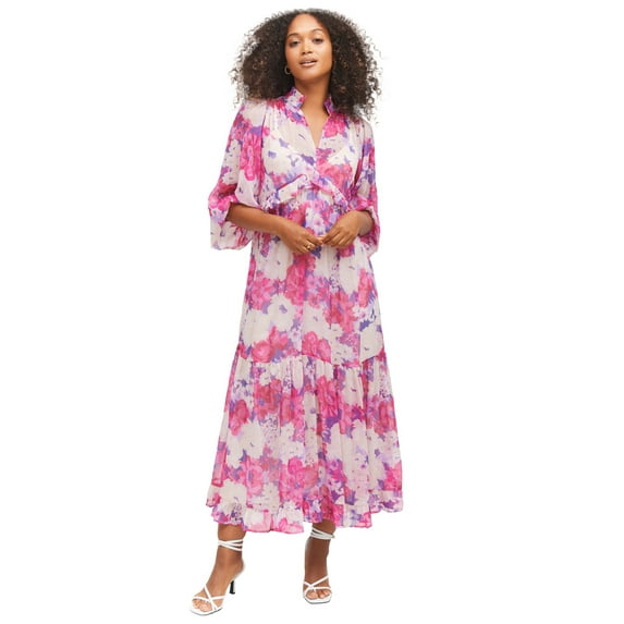 ellos Women's Plus Size Sheer Maxi Dress With Ruffled Trim - 34/36, Raspberry Sorbet Floral