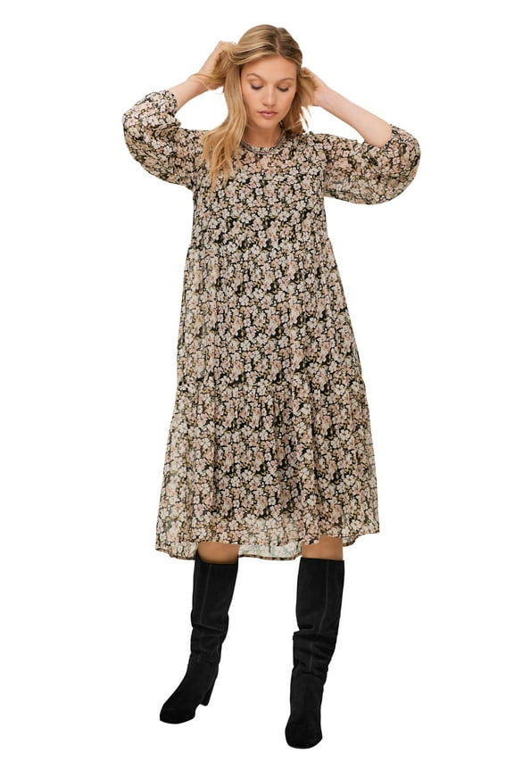 Women's Plus Size Sheer Overlay Tiered Dress - 18/20, Black Ivory Floral