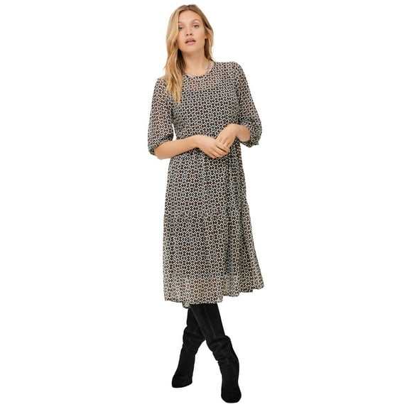 ellos Women's Plus Size Sheer Overlay Tiered Dress - 30/32, Black Geometric Print
