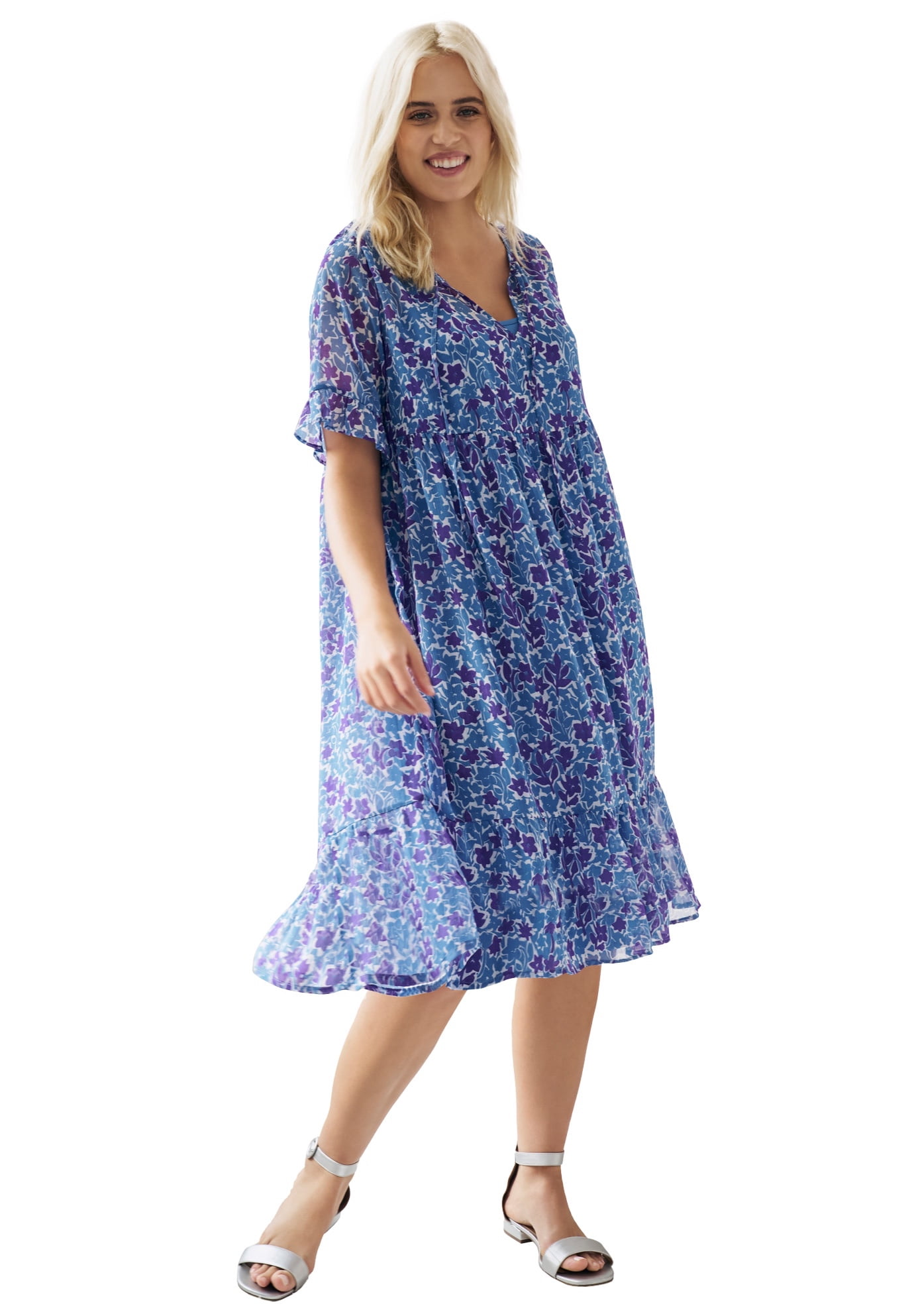 ellos Women's Plus Size Sheer Ruffle Trim Dress With Keyhole Neckline ...