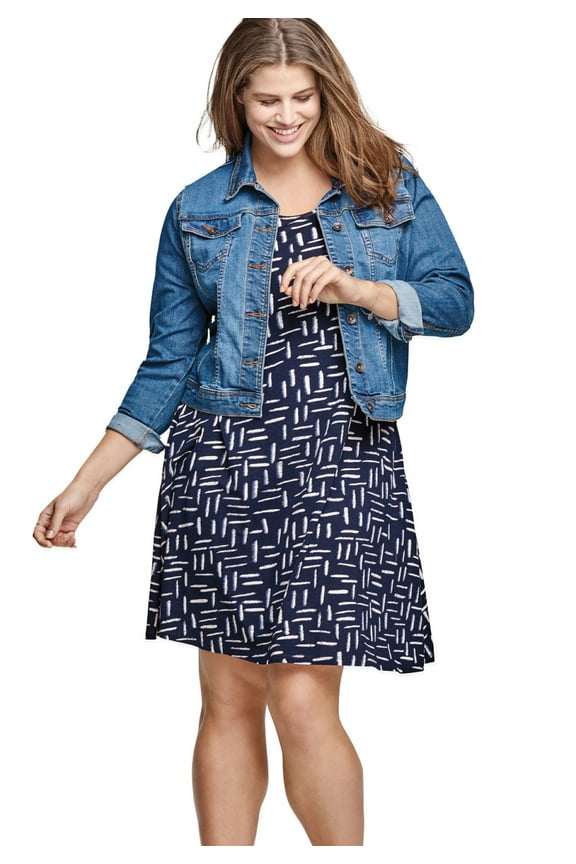 Women's Plus Size Short Sleeve A-Line Knit Dress - 26/28, Navy Print