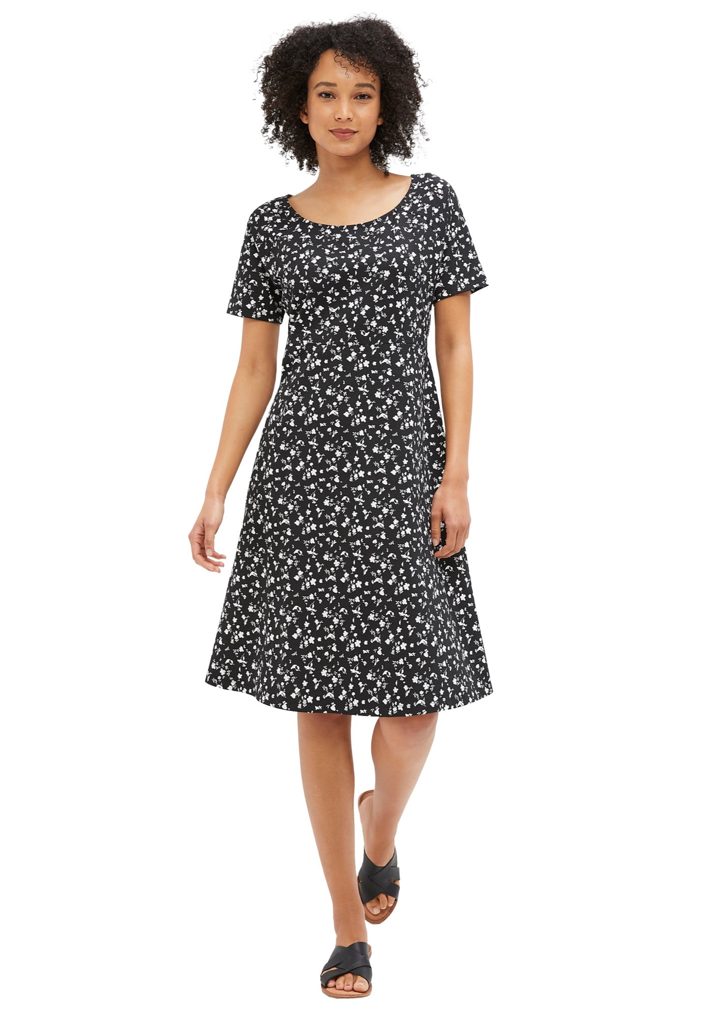 ellos Women's Plus Size Short Sleeve Fit & Flare Dress - 18/20, Black White  Ditsy - Walmart.com