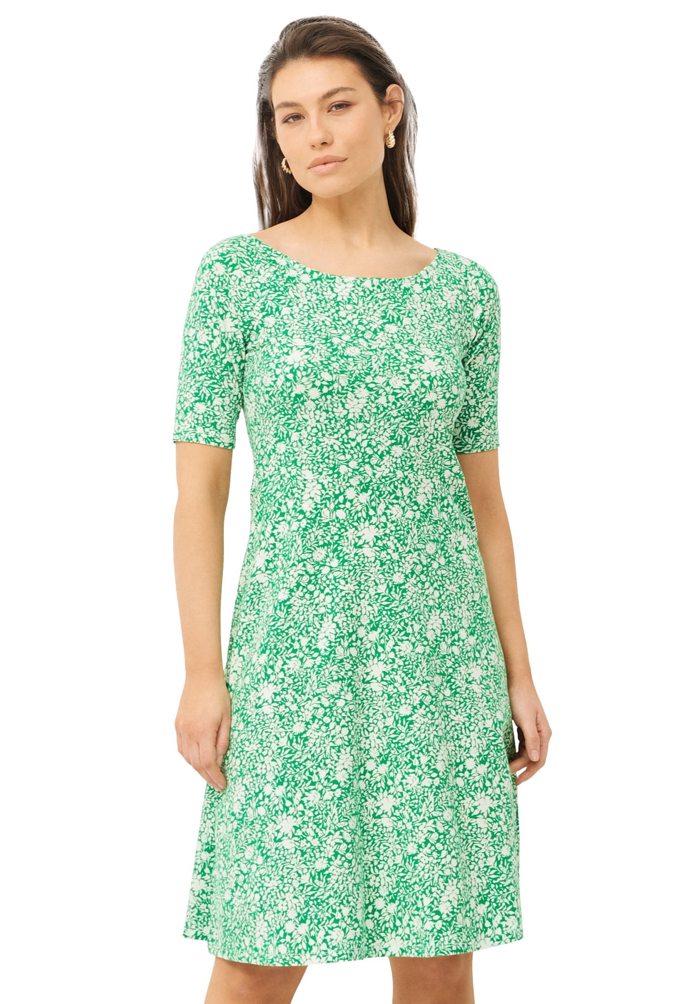 ellos Women's Plus Size Short Sleeve Fit & Flare Dress - 26/28, Kelly Green  Ditsy Floral