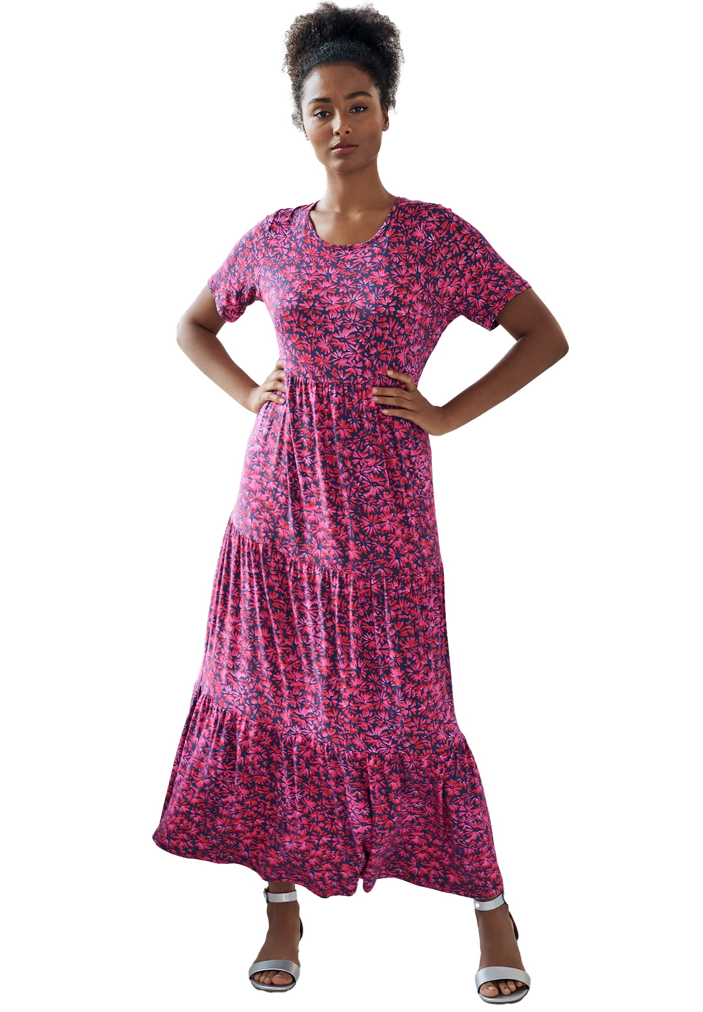 Periwinkle And Raspberry ellos Women's Plus Size Short Sleeve Tiered Maxi Dress - 34/36 ...