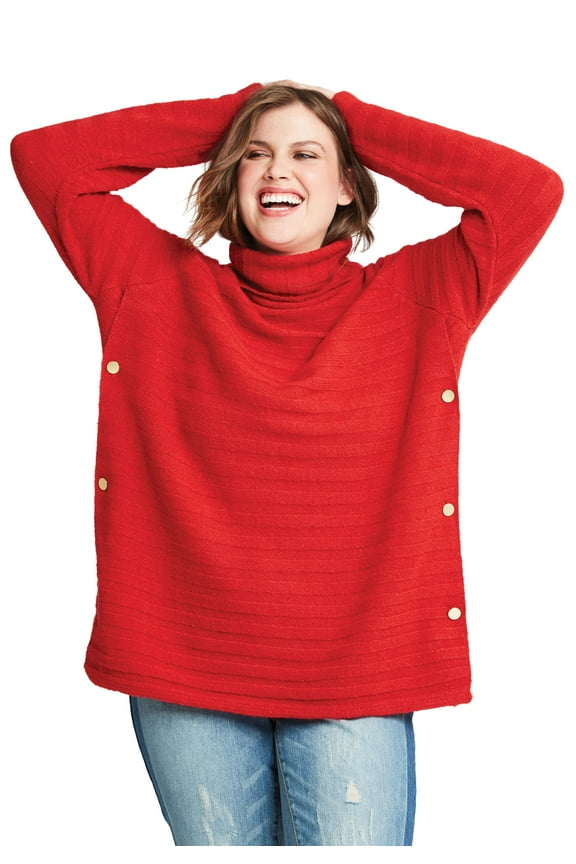Women's Plus Size Side Button Turtleneck Sweater - 10/12, Poppy Red