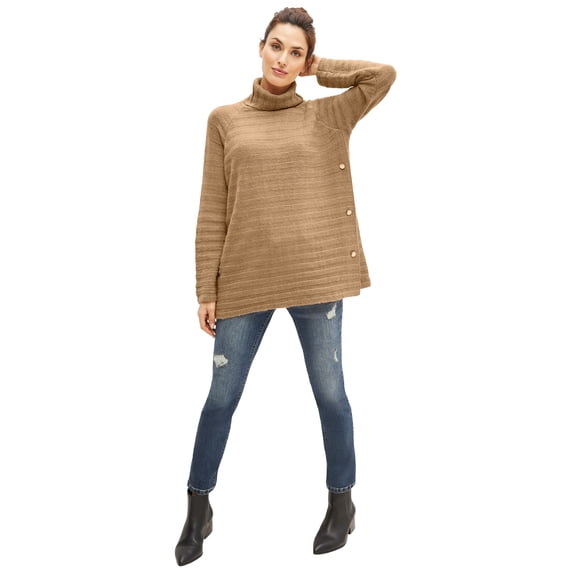 ellos Women's Plus Size Side Button Turtleneck Sweater - 26/28, Soft Camel