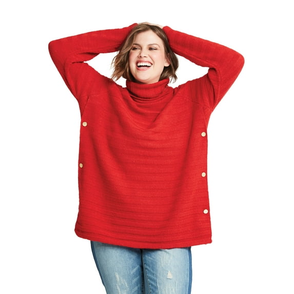 ellos Women's Plus Size Side Button Turtleneck Sweater - 30/32, Poppy Red