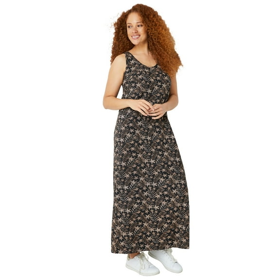 ellos Women's Plus Size Sleeveless Knit Maxi Dress - 26/28, Black Tan Fern Print