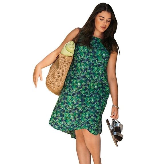 ellos Women's Plus Size Sleeveless Shift Dress - 1X, Navy Palm Print