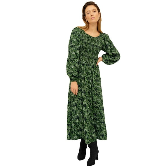 ellos Women's Plus Size Smocked Bodice Tiered Midi Dress - 22/24, Green Vine Ditsy