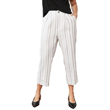 ellos Women's Plus Size Straight Leg Cropped Linen Trousers - 26, White Black Stripe