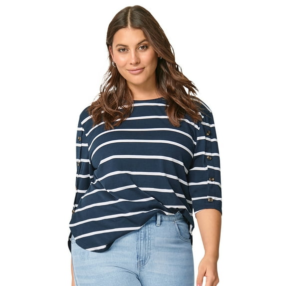 Ellos Plus Size Cotton Spandex Boat Neck 3/4 Sleeve Button Trim Tee
