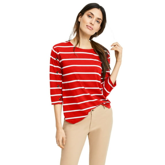 ellos Women's Plus Size Striped Button Sleeve Tee - 30/32, Radiant Red White Stripe