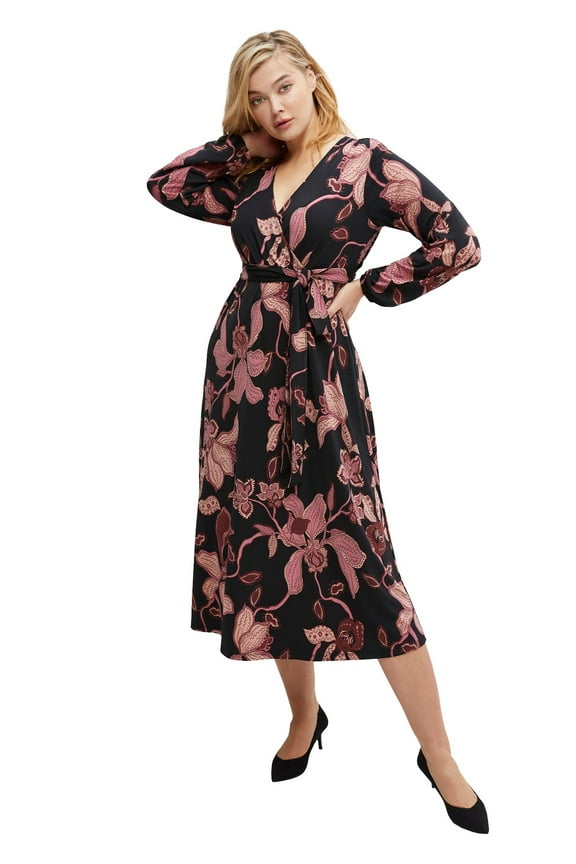 Women's Plus Size Surplice Midi Dress With Self Tie - 34/36, Black Berry Floral