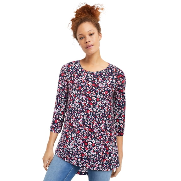 ellos Plus Size Stretch Knit Scoop Neck 3/4 Sleeve Curved Hem Tunic