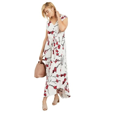 ellos Women's Plus Size Tie-Front Maxi Dress - 10, White Red Print