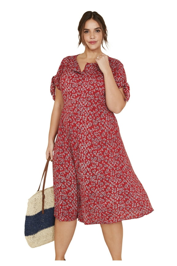 Women's Plus Size Tie-Sleeve Dress - 24, Classic Red Floral