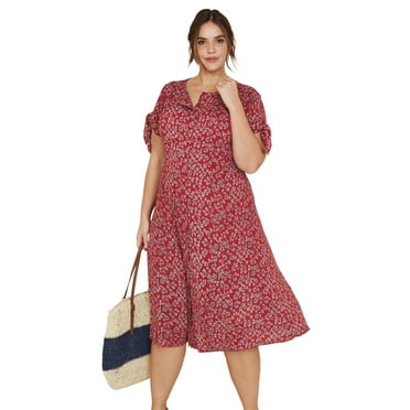 ellos Women's Plus Size Tie-Sleeve Dress - 28, Classic Red Floral