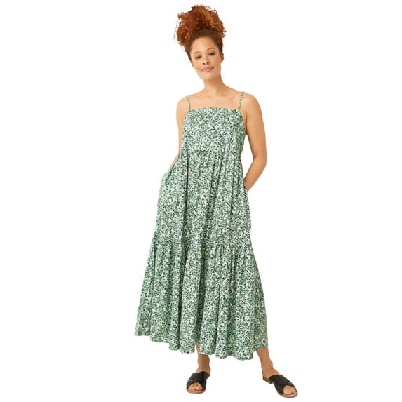 ellos Women's Plus Size Tiered Cotton Maxi Dress - 22/24, Ivory Green Ditsy Floral