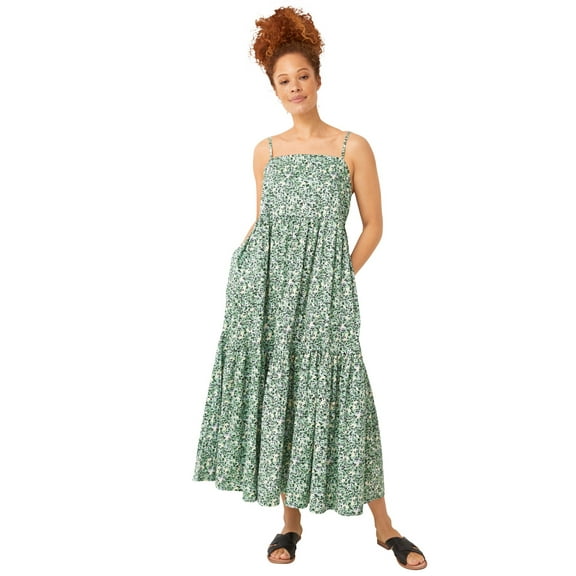 ellos Women's Plus Size Tiered Cotton Maxi Dress - 26/28, Ivory Green Ditsy Floral