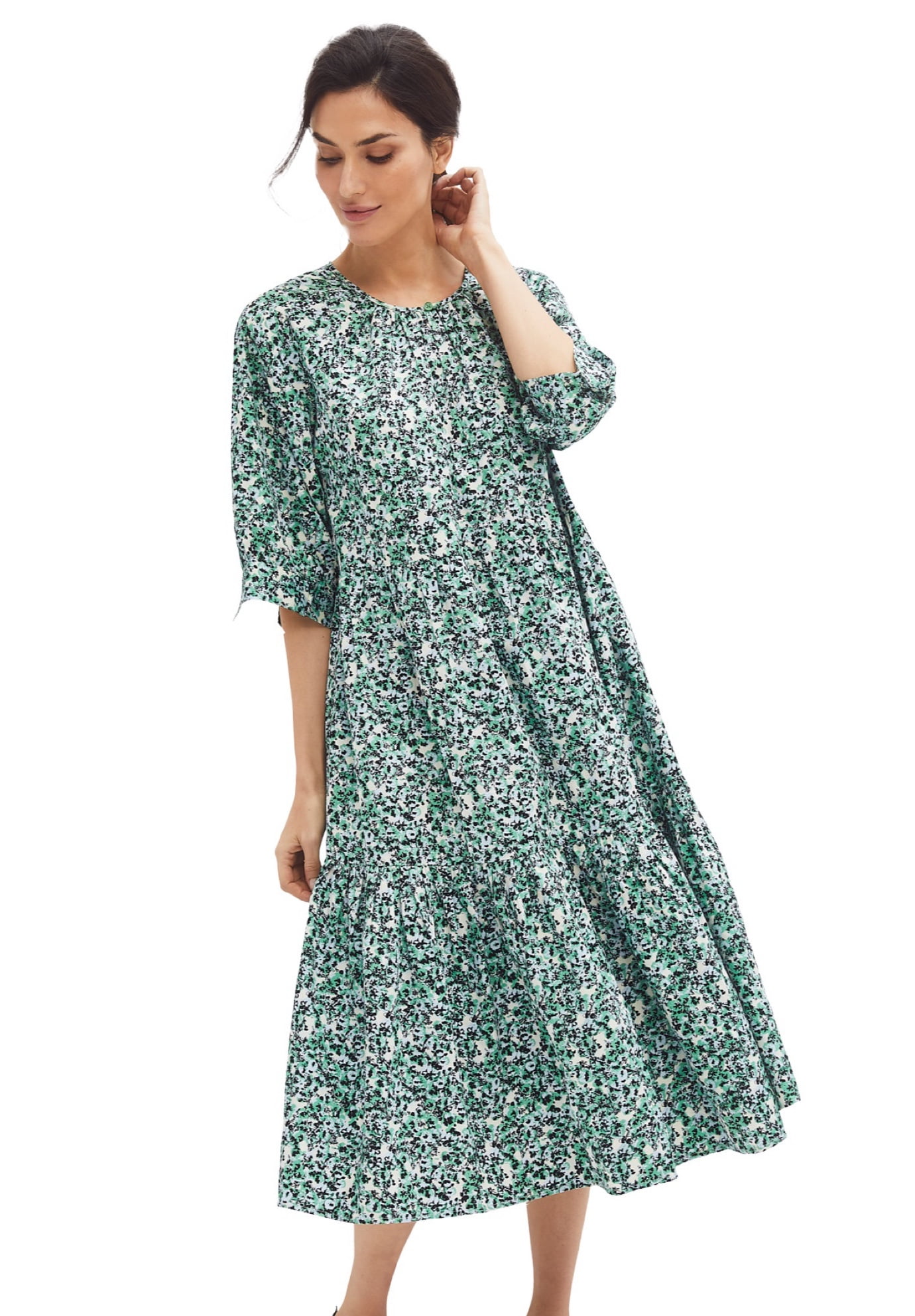 ellos Women's Plus Size Tiered Cotton Midi Dress - 10/12, Ivory Green Ditsy  Floral - Walmart.com