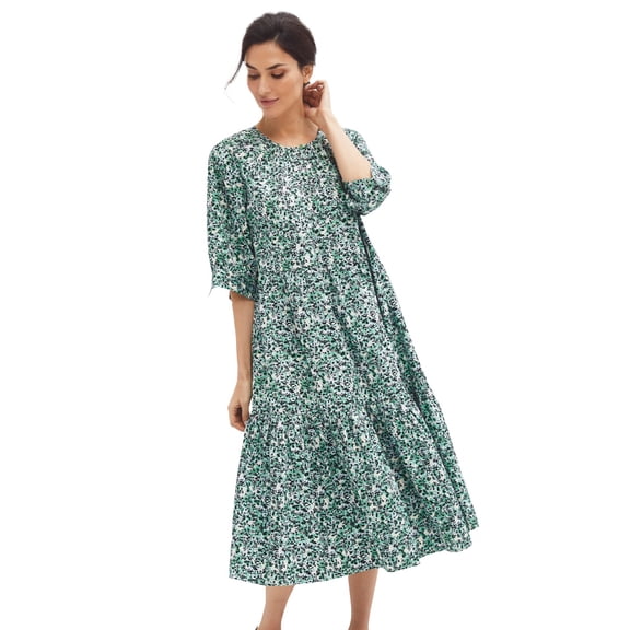 ellos Women's Plus Size Tiered Cotton Midi Dress - 26/28, Ivory Green Ditsy Floral