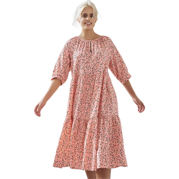 ellos Women's Plus Size Tiered Cotton Midi Dress - 26/28, Peach Bud Floral