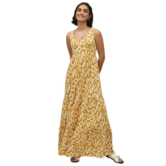 ellos Women's Plus Size Tiered Maxi Dress - 26/28, Honey Mustard White Print