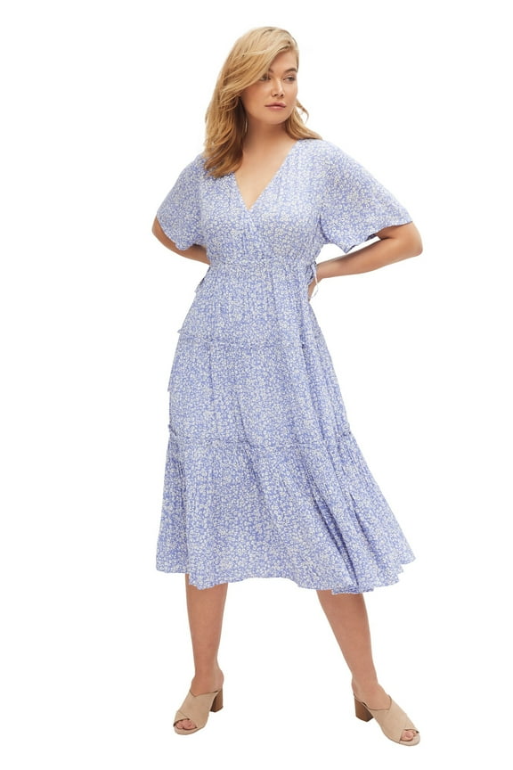 Women's Plus Size Tiered Midi Dress With Surplice Neckline - 16, French Blue Ditsy Floral