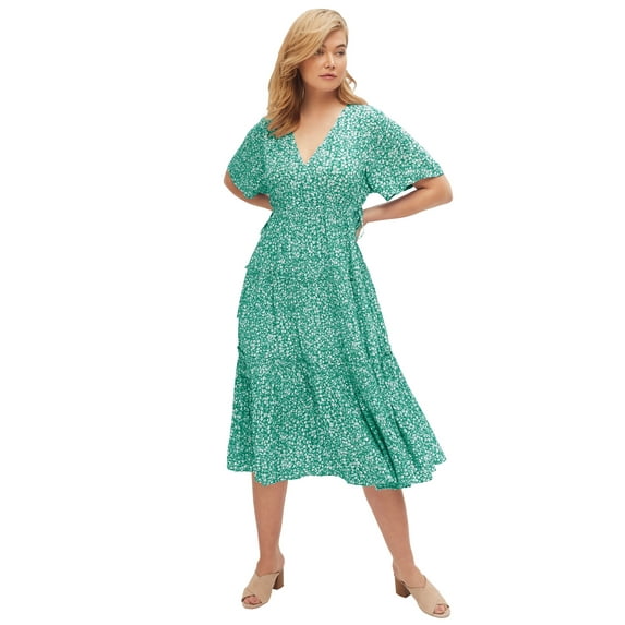 ellos Women's Plus Size Tiered Midi Dress With Surplice Neckline - 20, Royal Green Ditsy Floral