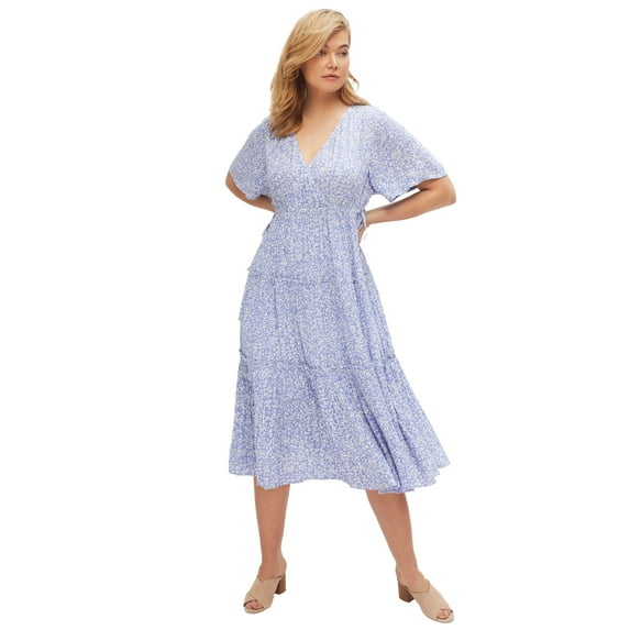 ellos Women's Plus Size Tiered Midi Dress With Surplice Neckline - 22, French Blue Ditsy Floral