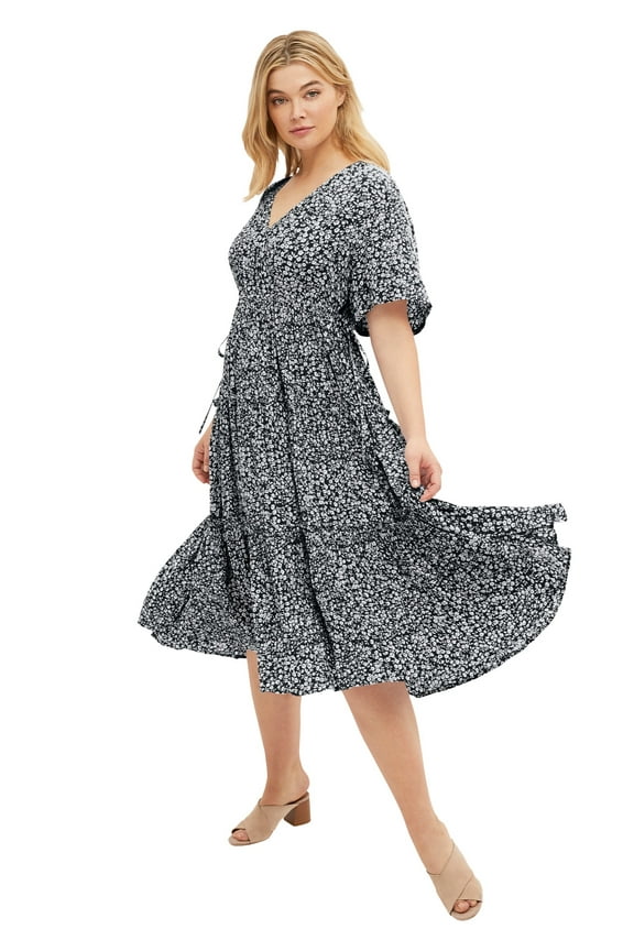 Women's Plus Size Tiered Midi Dress With Surplice Neckline - 24, Black Ditsy Floral