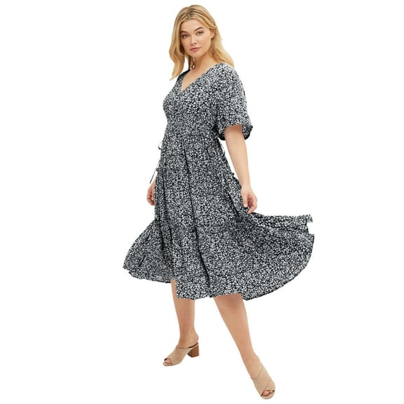 ellos Women's Plus Size Tiered Midi Dress With Surplice Neckline - 24, Black Ditsy Floral
