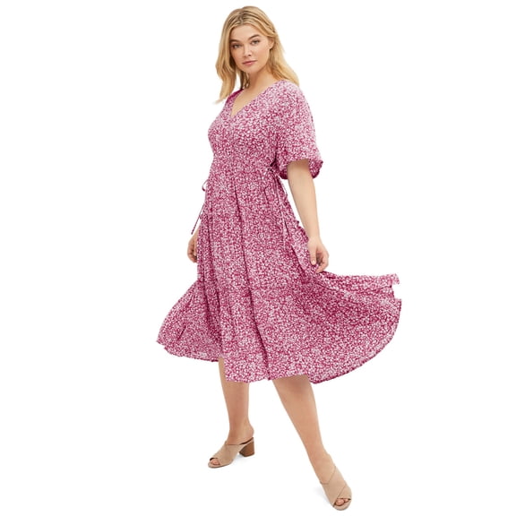 ellos Women's Plus Size Tiered Midi Dress With Surplice Neckline - 28, Berry Red Ditsy Floral