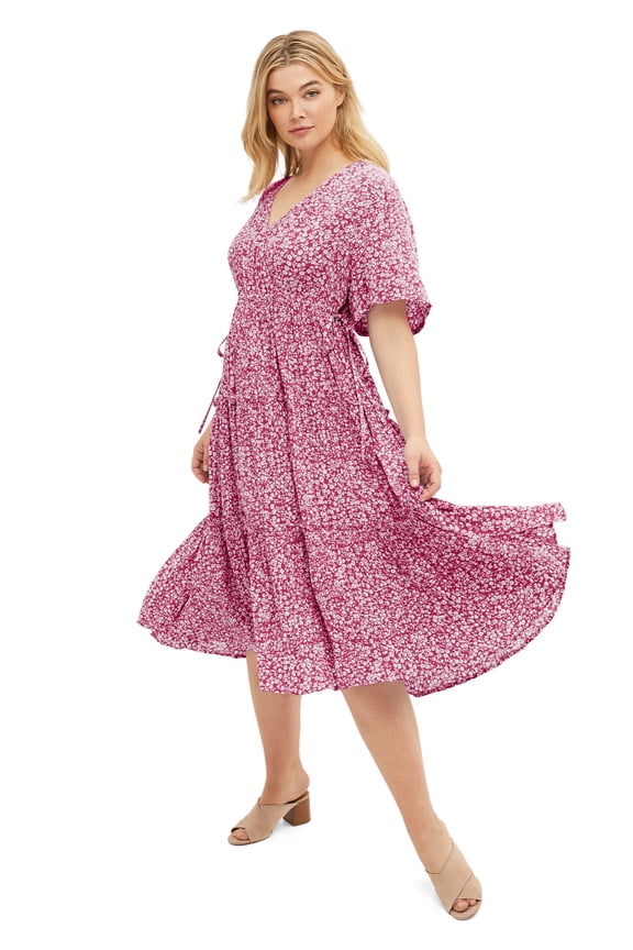 Women's Plus Size Tiered Midi Dress With Surplice Neckline - 28, Berry Red Ditsy Floral