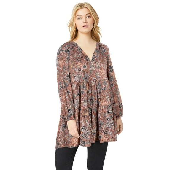 ellos Women's Plus Size Tiered Tunic With Notch V-Neck - 18/20, Rose Multi Print