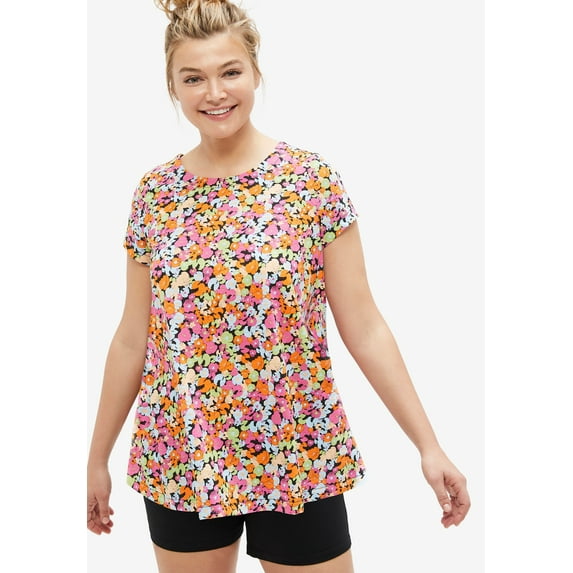 ellos Women's Plus Size Trapeze Knit Tee - 22/24, Black Multi Floral