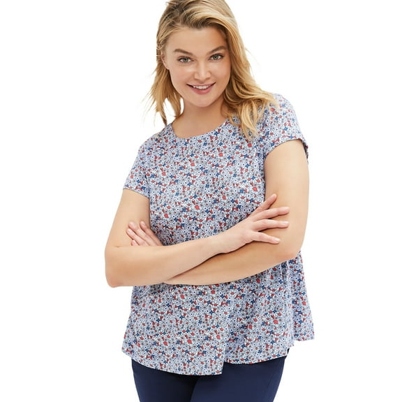 ellos Women's Plus Size Trapeze Knit Tee - 38/40, Blue Red Ditsy