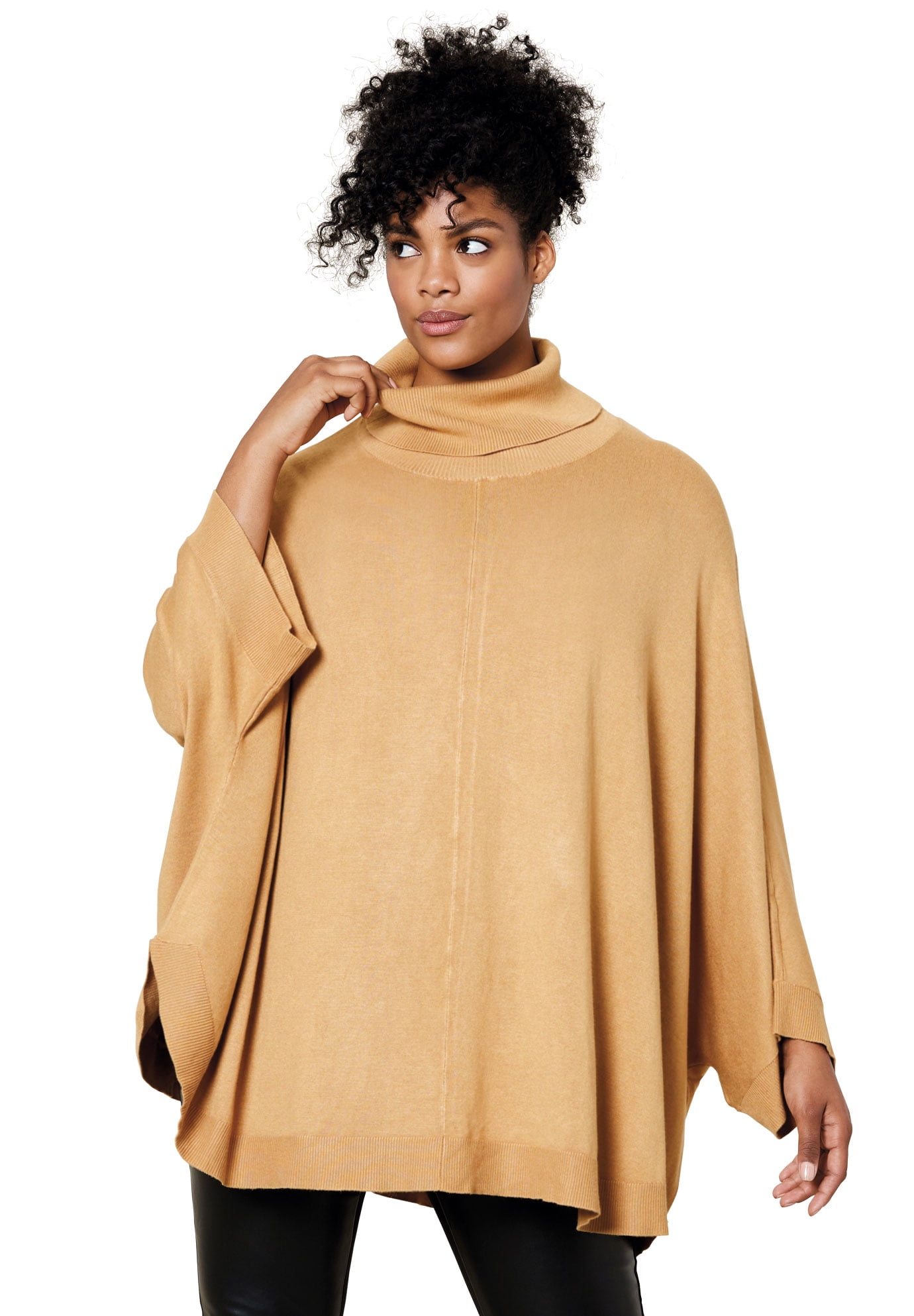 ellos Women s Plus Size Turtleneck Poncho Sweater S 1X Classic Camel Walmart